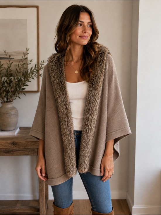 Coldwater Creek Sweaters - Coldwater Creek Beige Poncho/Sweater with Faux Fur Trim -M/L- Merino Wool Blend